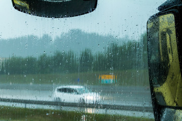 Rain on the window of a truck