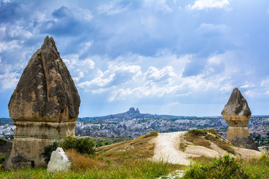 Wonderful landscape  with view at Nevsehir in Cappadocia, Anatolia, Turkey. Volcanic mountains in Goreme national park.