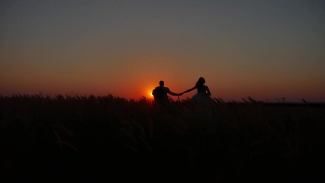 loving couple is running across the field silhouette. loving couple sunset silhouette romance beautiful man and woman nature