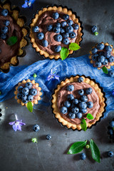 Obraz na płótnie Canvas Homemade and rustic tarts with blueberries, chocolate cream and berries