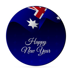 Happy New Year banner or sticker. Australia waving flag. Snowflakes background. Vector illustration.