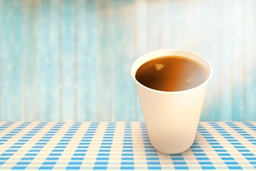 Composite image of coffee cup over white background