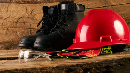 Safety glass, boots, glove and hard hat or helmet