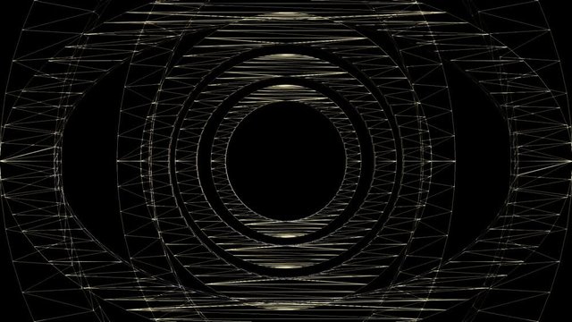 Wireframe circle creative background. Golden wire 3d elements appearing, disappearing and rotating.