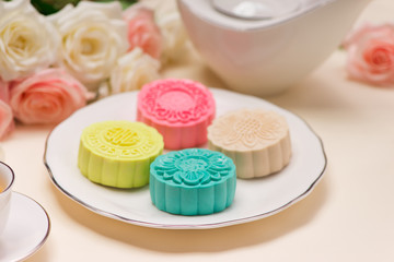 Delicious Chinese Traditional Snack Mooncake on the Table.