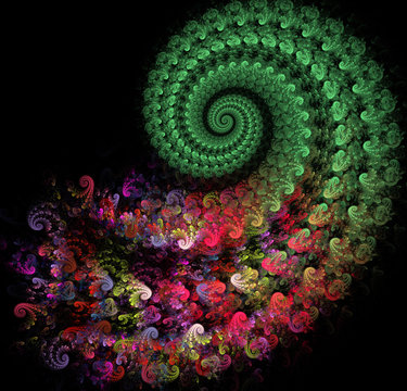 fractal illustration of a bright spiral with floral patterns