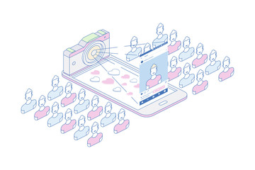 3D isometric concept. Line art smart phone and photo camera with social application and social profile. Vector illustration EPS 10