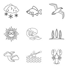 Sea creature icons set, outline style