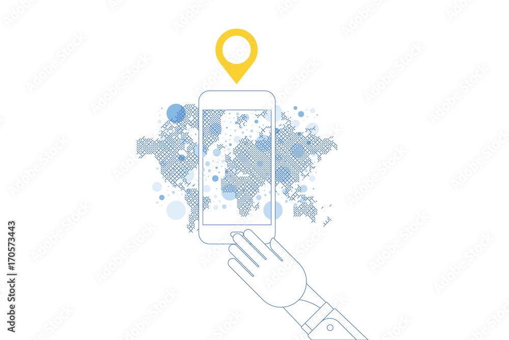 Poster 3d isometric concept. line art smart phone with mobile application with world map for navigation. ve
