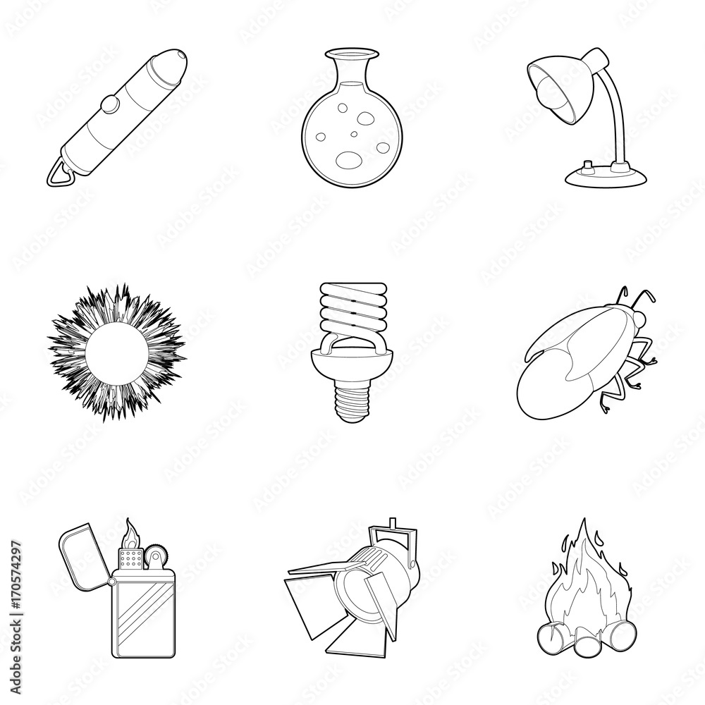 Poster light and lighting icons set, outline style