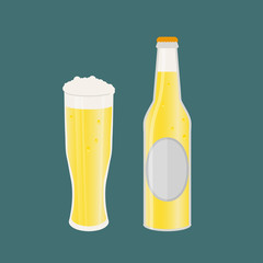 Set of beer bottle and glass.