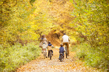 Fototapeta premium Young family in warm clothes cycling in autumn park