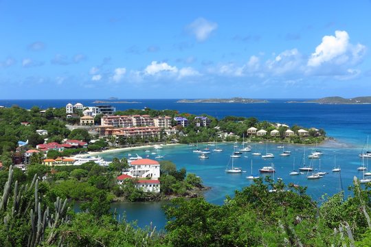 Cruz Bay, St. John, USVI, US Virgin Islands, Caribbean viewed from above. Cruz Bay is the largest town on St. John.
