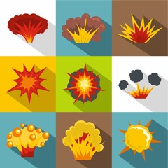 Game explosion icon set, flat style