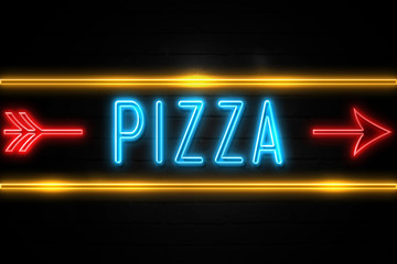 Pizza  - fluorescent Neon Sign on brickwall Front view