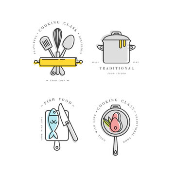 Cooking class linear design elements, kitchen emblems, symbols, icons or food studio labels and badges collection.