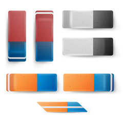 Realistic Eraser Set Vector. Classic Blue Orange, Grey White Rubber Icon. Isolated Illustration