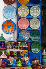 Highly patterned pottery in a street store, Essaouira, Morocco.