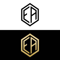 initial letters logo ea black and gold monogram hexagon shape vector