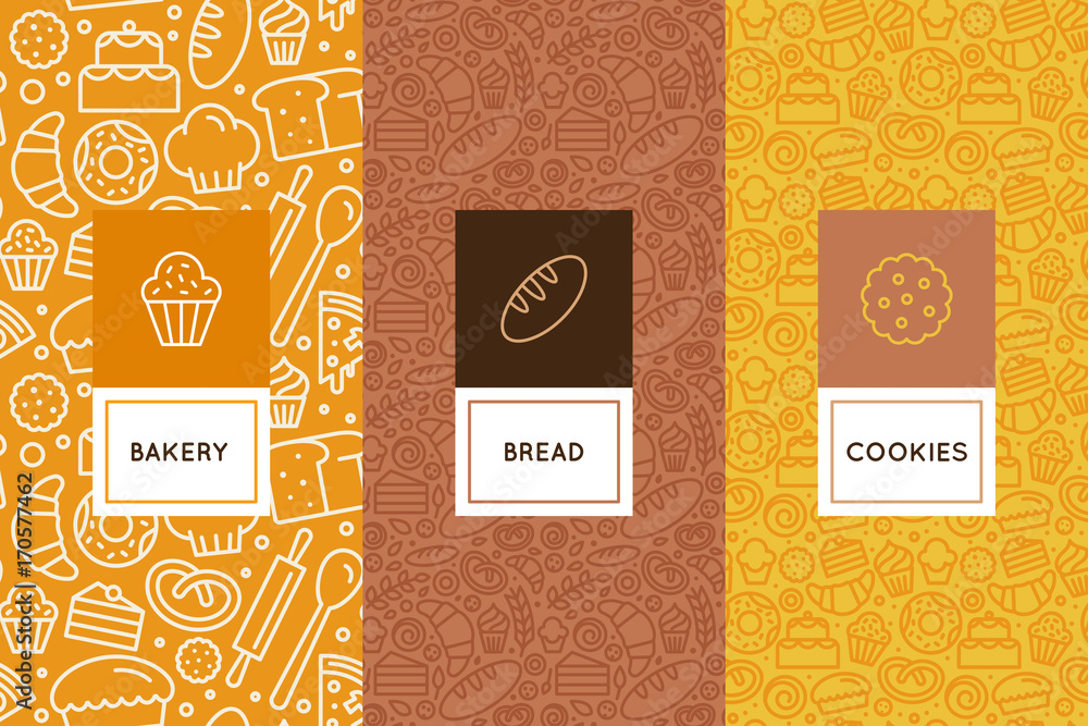 Poster vector set of design templates and elements for bakery packaging in trendy linear stylecake shop