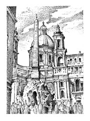 landscape in European town Rome in Italy . engraved hand drawn in old sketch and vintage style. historical architecture with buildings, perspective view. Travel postcard. Piazza Navona.