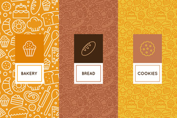 Vector set of design templates and elements for bakery packaging in trendy linear stylecake shop