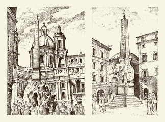 landscape in European town Rome in Italy . engraved hand drawn in old sketch and vintage style. historical architecture with buildings, perspective view. Piazza Navona, Obelisk Piazza della Minerva.