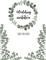 Wedding invitation template. Eucalyptus wreath. Vector design. Save the date. Nature background.