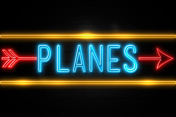Planes  - fluorescent Neon Sign on brickwall Front view