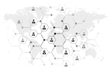 Network grid illustration with business people icons over world map