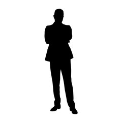 Businessman standing in suit with folded arms and thinking, isolated vector silhouette. Front view