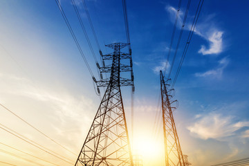 Fototapeta premium High voltage post.High-voltage tower sky with sun