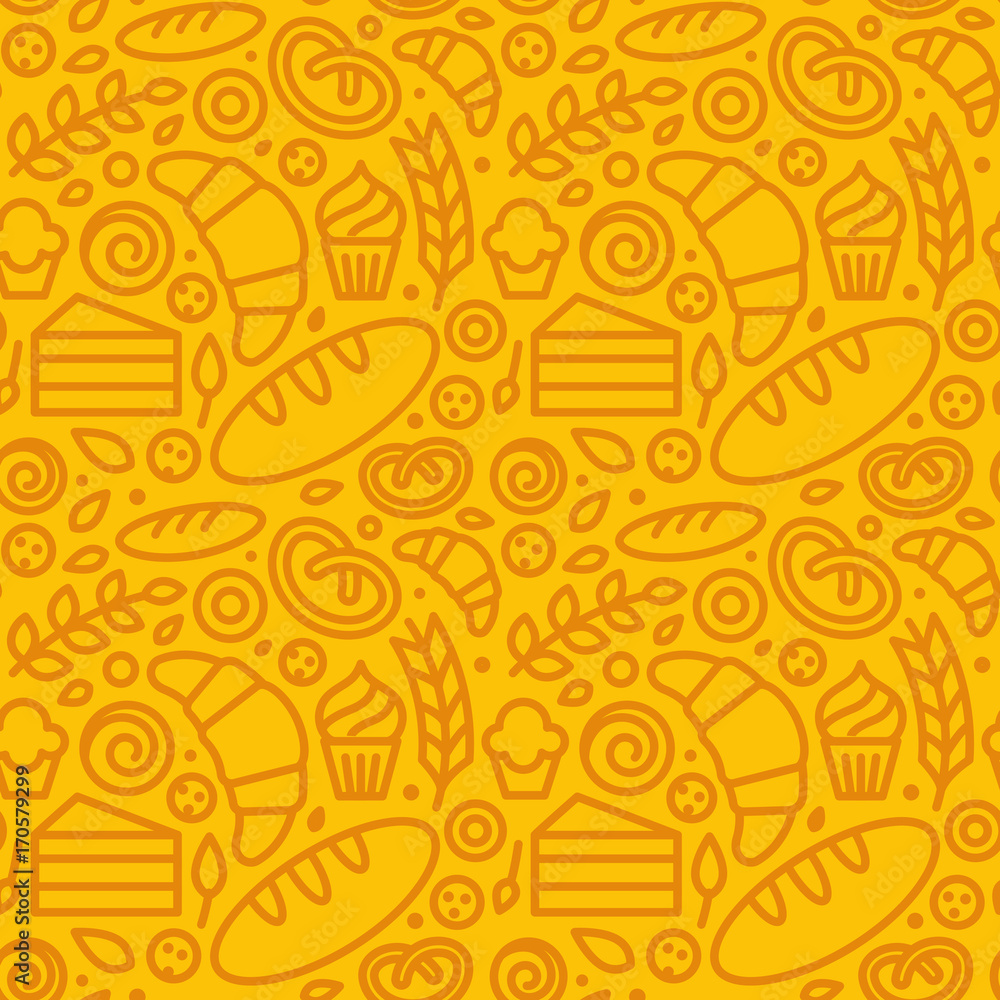 Poster vector seamless pattern with linear icons and illustrations related to bakery, cafe, cupcake shop