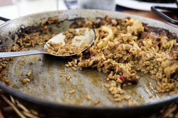 paella pan with some spanish seafood paella