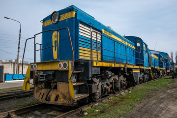 Fototapeta premium big russian locomotive in the repair workshop for old trains