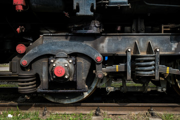 big russian locomotive in the repair workshop for old trains