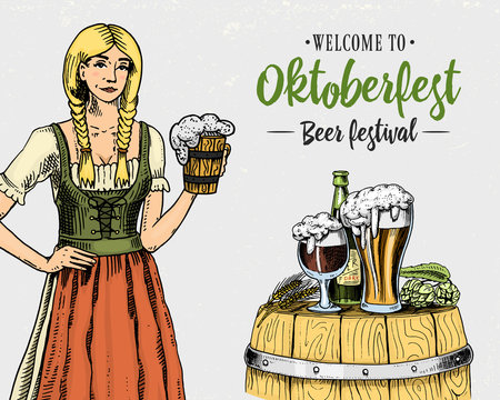 woman in traditional Belgian or Bavarian clothes with beer. engraved in ink hand drawn in old sketch and vintage style for web or pub menu. design of oktoberfest on gray background.