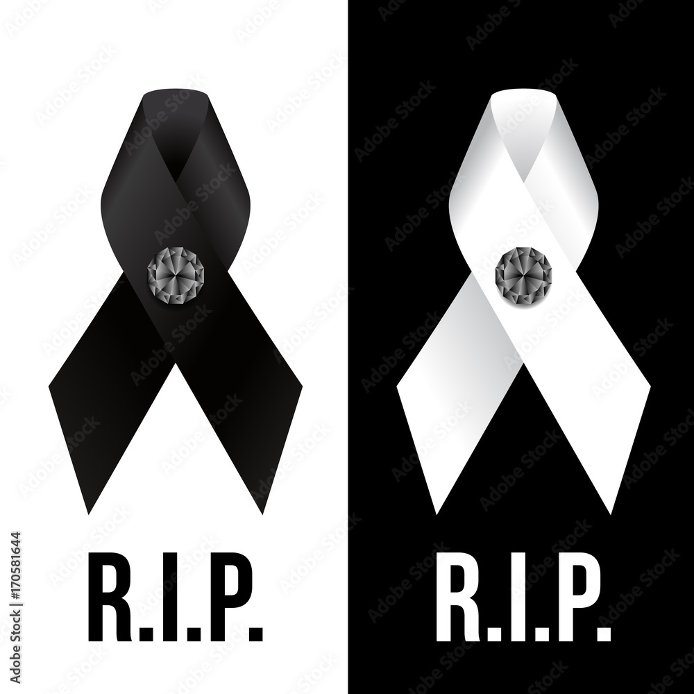 Poster black and white ribbon sign and diamond button and r.i.p. text vector design