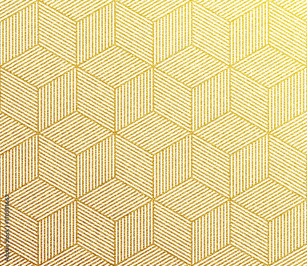 Fototapete Seamless vector golden pattern texture with abstract hexagon grid 3d cube structure.