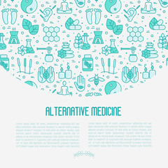 Fototapeta na wymiar Alternative medicine concept with thin line icons. Vector illustration of banner, print media or web site for yoga, acupuncture, wellness, ayurveda, chinese medicine, holistic center.