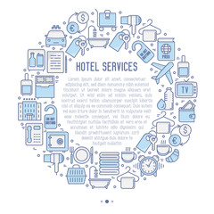 Hotel services concept in circle with thin line icons of facilities in room. Vector illustration for banner, web page, print media.