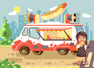 Obraz na płótnie Canvas Vector illustration cartoon character child, pupil lonely brunette girl schoolboy eat fast food, sandwiches, hot dog, sausage from car, meals on wheels, city street food, school snack flat style