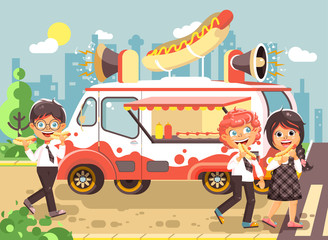 Obraz na płótnie Canvas Vector illustration cartoon characters children, pupils, schoolboys and schoolgirl buy fast food, sandwiches, hot dogs, sausage from car, meals on wheels, street food, school snack flat style