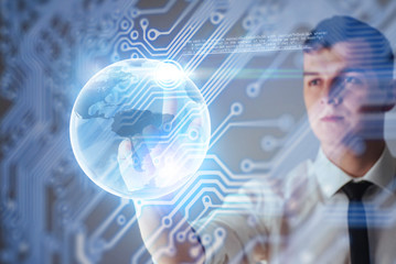 Innovative technologies in science and medicine. Technology to connect. Holding glowing planet earth
