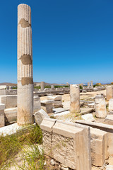 Archaeological ruins of a city in Delos island in Cyclades archipelago, Greece.
