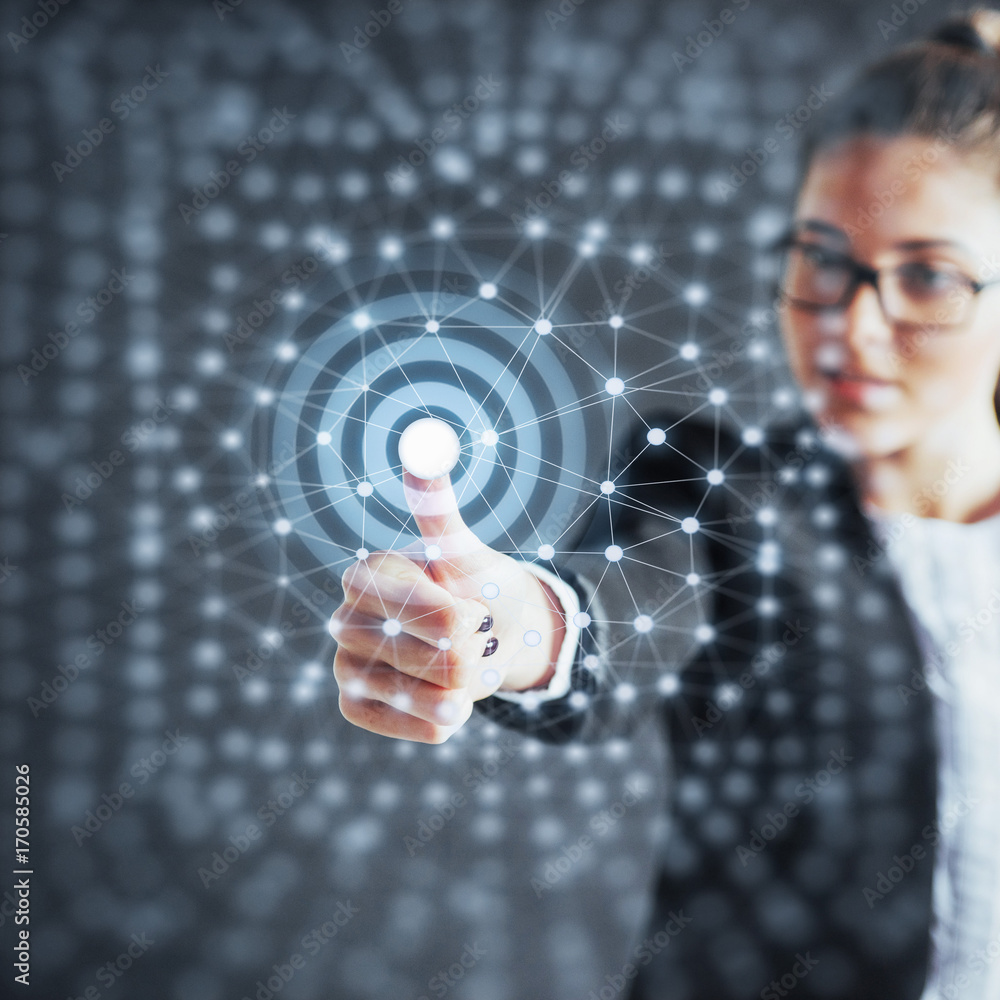 Poster modern technologies, internet and network concept - man, presses the button on the virtual screen