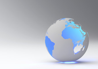 Design of a blue earth globe, transparent continent effect, horizontal view