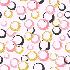 Behang Naadloos cirkelspatroon in roze, zwarte en gouden kleuren. Vector abstracte achtergrond met ronde vormen. © Afanasia