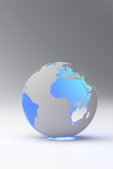 Design of a blue earth globe, transparent continent effect, vertical view