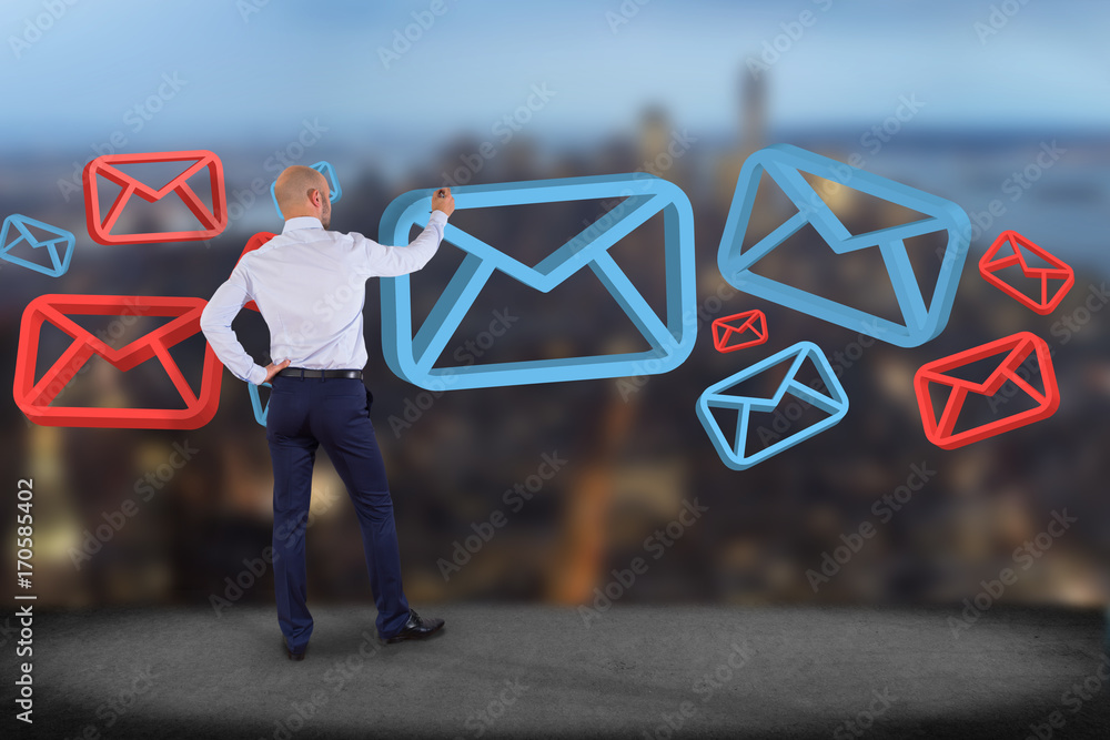 Poster businessman in front of a wall with approved email and spam message displayed on a futuristic interf